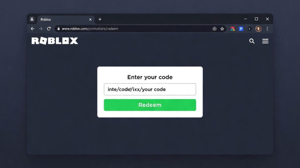 Roblox redeem page at roblox.com/redeem showing code entry box
