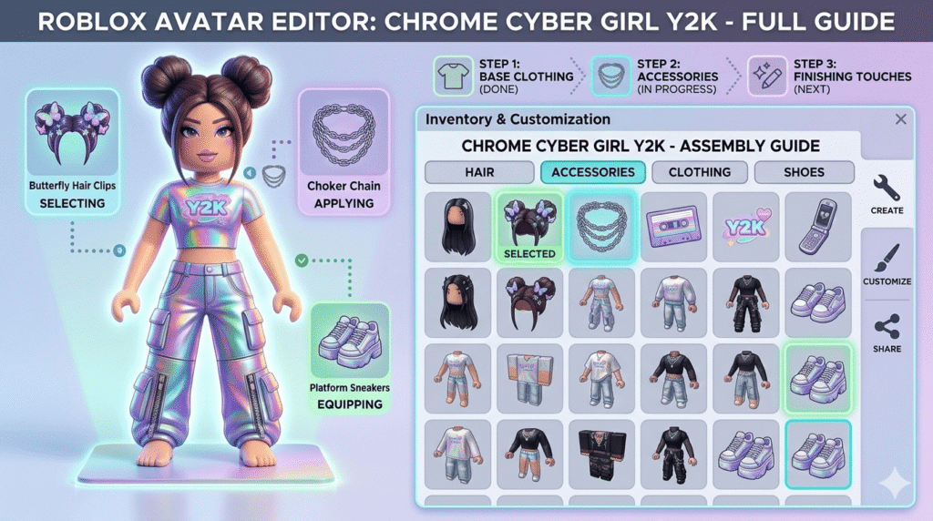 Roblox Avatar Editor building a Chrome Cyber Girl Y2K avatar step by step with holographic top and accessories