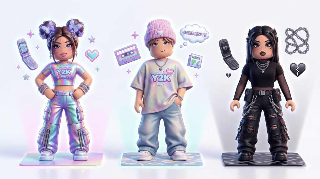 Roblox Y2K avatar styles side by side - Cyber Girl, Soft Boy, Dark Acubi aesthetic comparison 2026