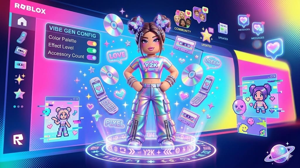 Roblox Y2K avatar trend 2026 cover image - cyber girl with holographic accessories and Y2K elements